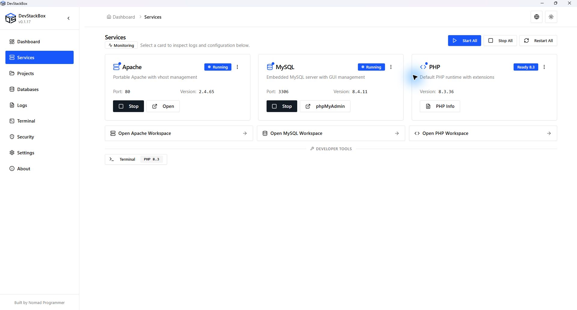 DevStackBox desktop interface with Apache, MySQL and PHP service controls