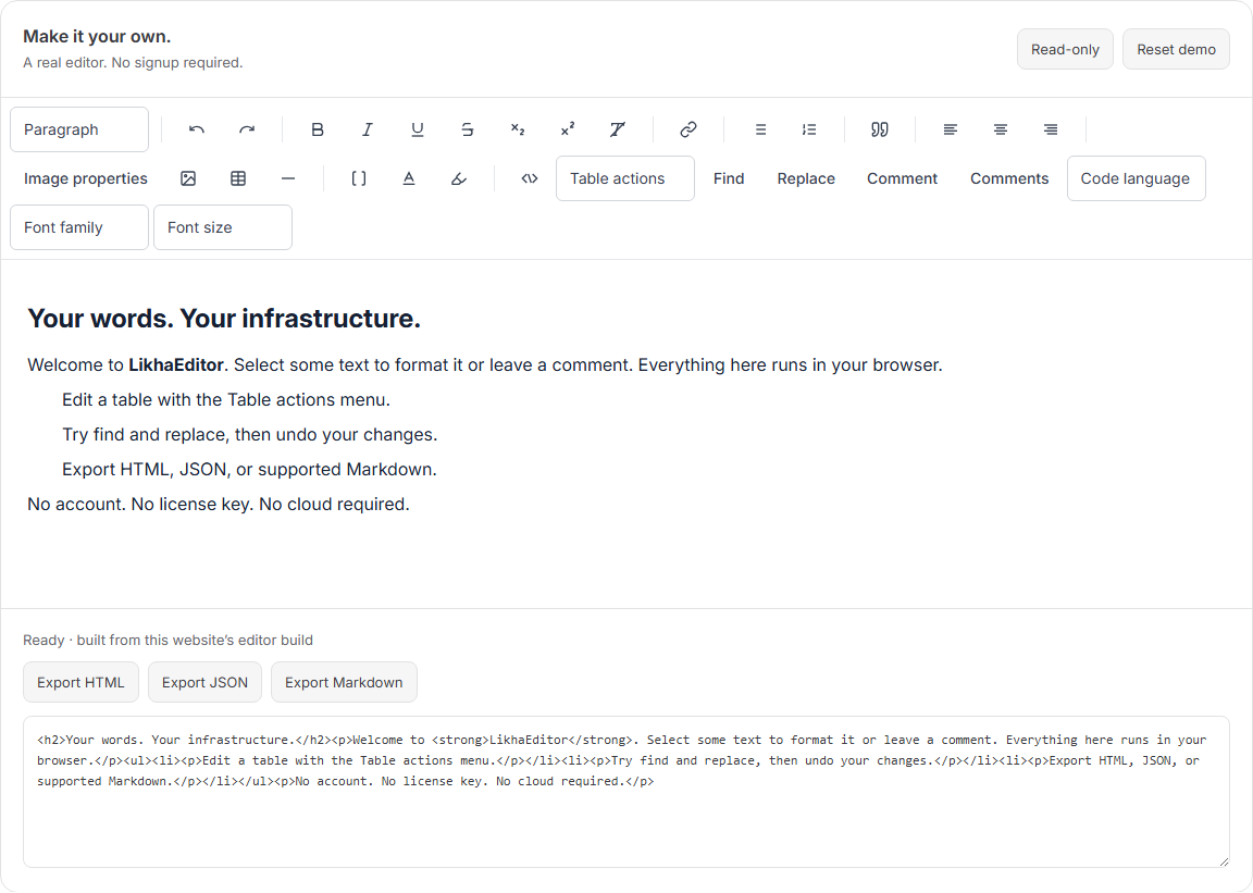 Likha Editor live playground with formatting toolbar, rich text content and export controls